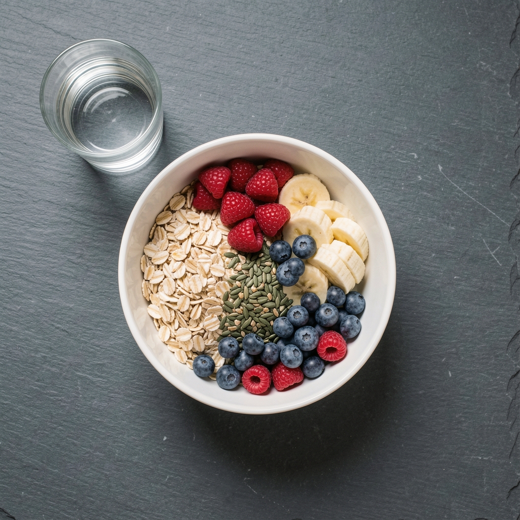 Overhead flat-lay of a well-composed breakfast bowl with oats, berries, seeds, and a glass of water on a slate grey surface